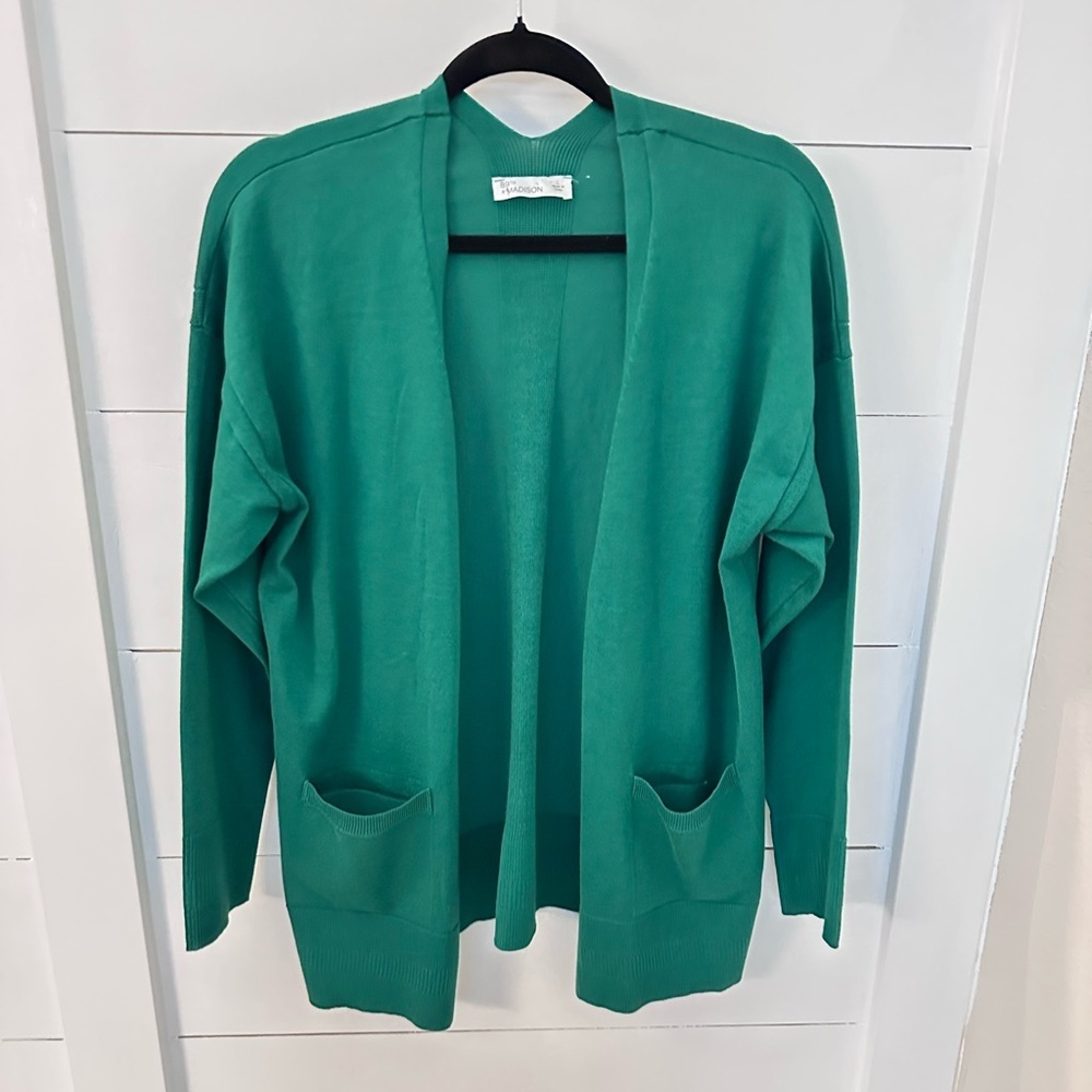 89th & MADISON L open midi length beautiful soft cozy green cardigan classic - Picture 2 of 14